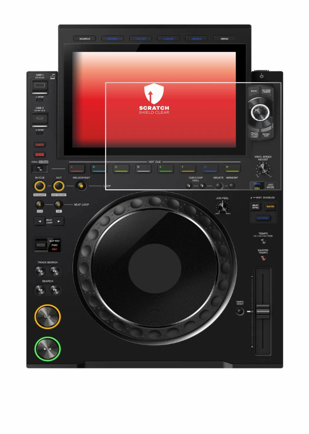 Abbildung des Geräts Pioneer CDJ 3000X mit einer Vielzahl des Displayschutzes.