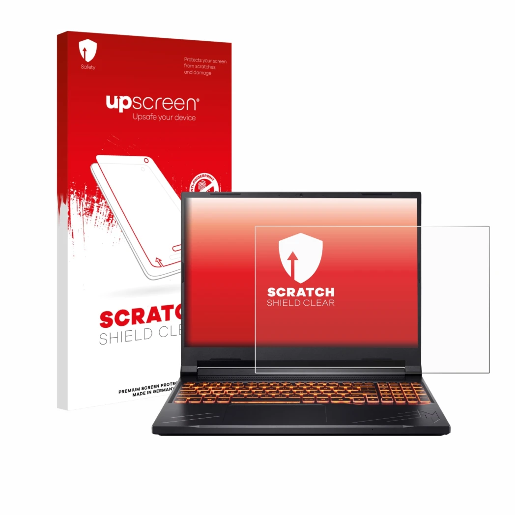 Vorderseite einer Produktverpackung mit dem Markenlogo upscreen. Daneben ist das Gerät Acer Nitro V 16 mit dem zugehörigen Dis