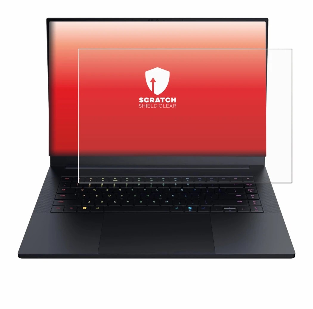 Abbildung des Geräts Razer Blade 16 2025 mit einer Vielzahl des Displayschutzes.