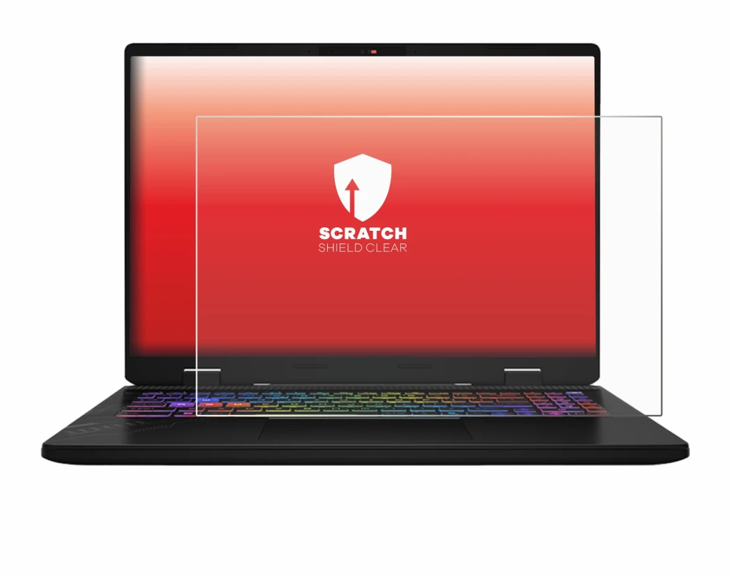 Abbildung des Geräts MSI Vector 16 HX AI mit einer Vielzahl des Displayschutzes.