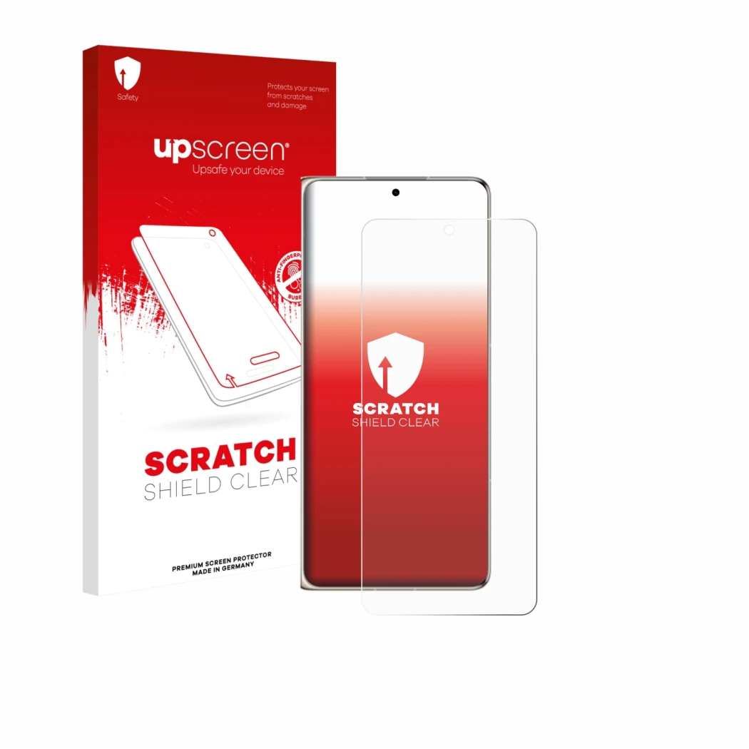 Vorderseite einer Produktverpackung mit dem Markenlogo upscreen. Daneben ist das Gerät Huawei Mate X7 mit dem zugehörigen Disp