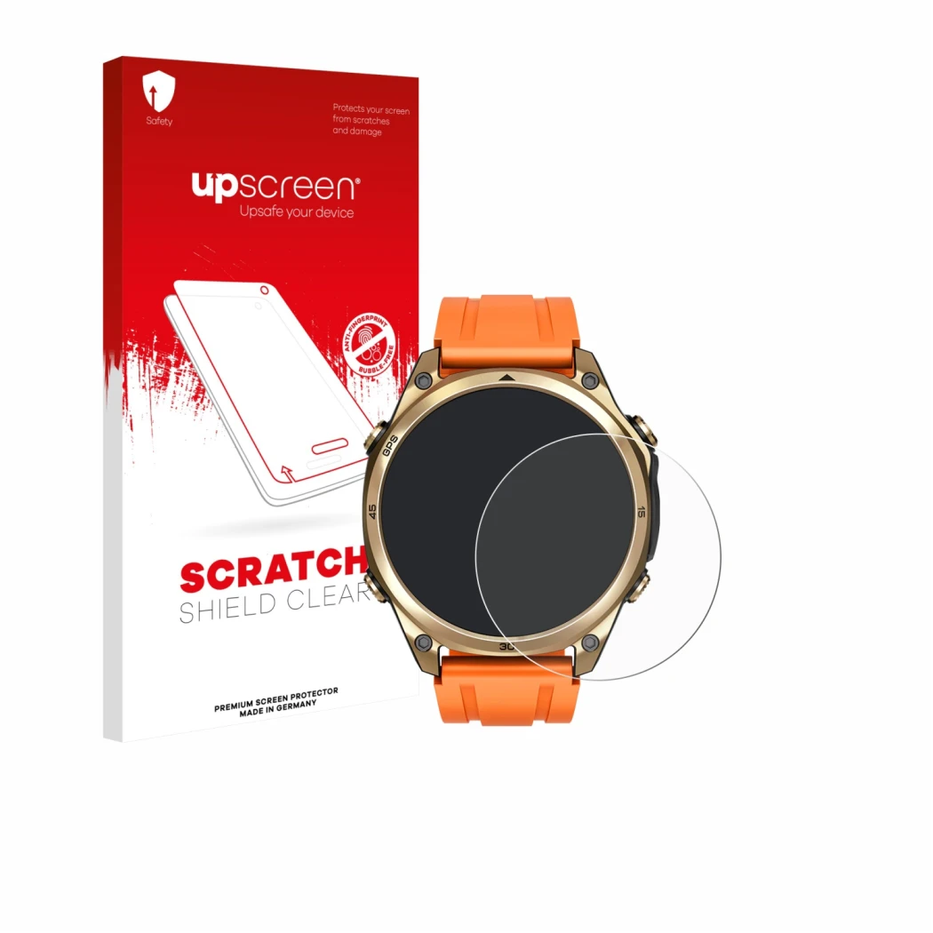 Vorderseite einer Produktverpackung mit dem Markenlogo upscreen. Daneben ist das Gerät Doogee Anywise W1 mit dem zugehörigen D