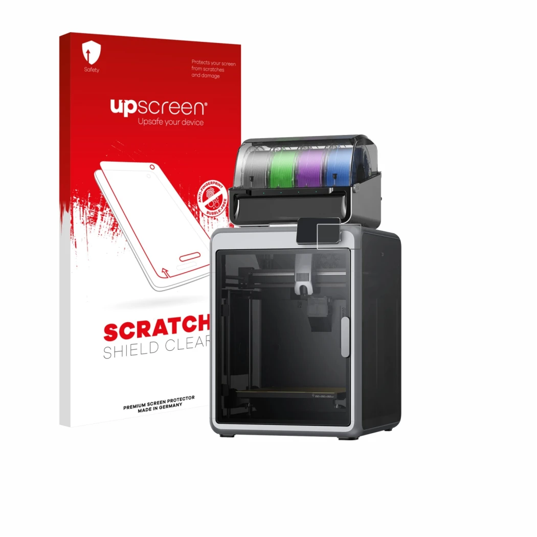 Vorderseite einer Produktverpackung mit dem Markenlogo upscreen. Daneben ist das Gerät Creality K2 mit dem zugehörigen Display
