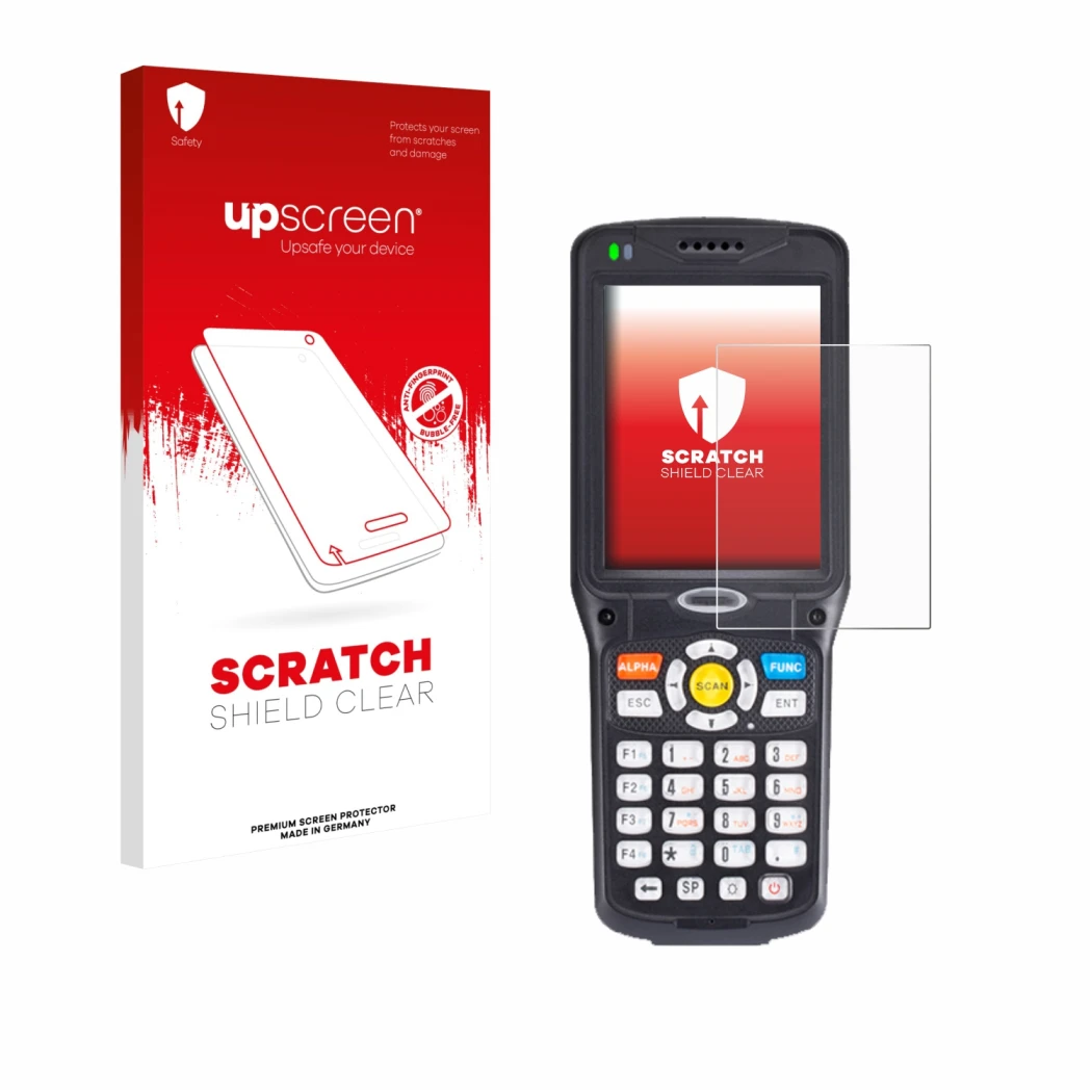 Vorderseite einer Produktverpackung mit dem Markenlogo upscreen. Daneben ist das Gerät Unitech HT510A mit dem zugehörigen Disp