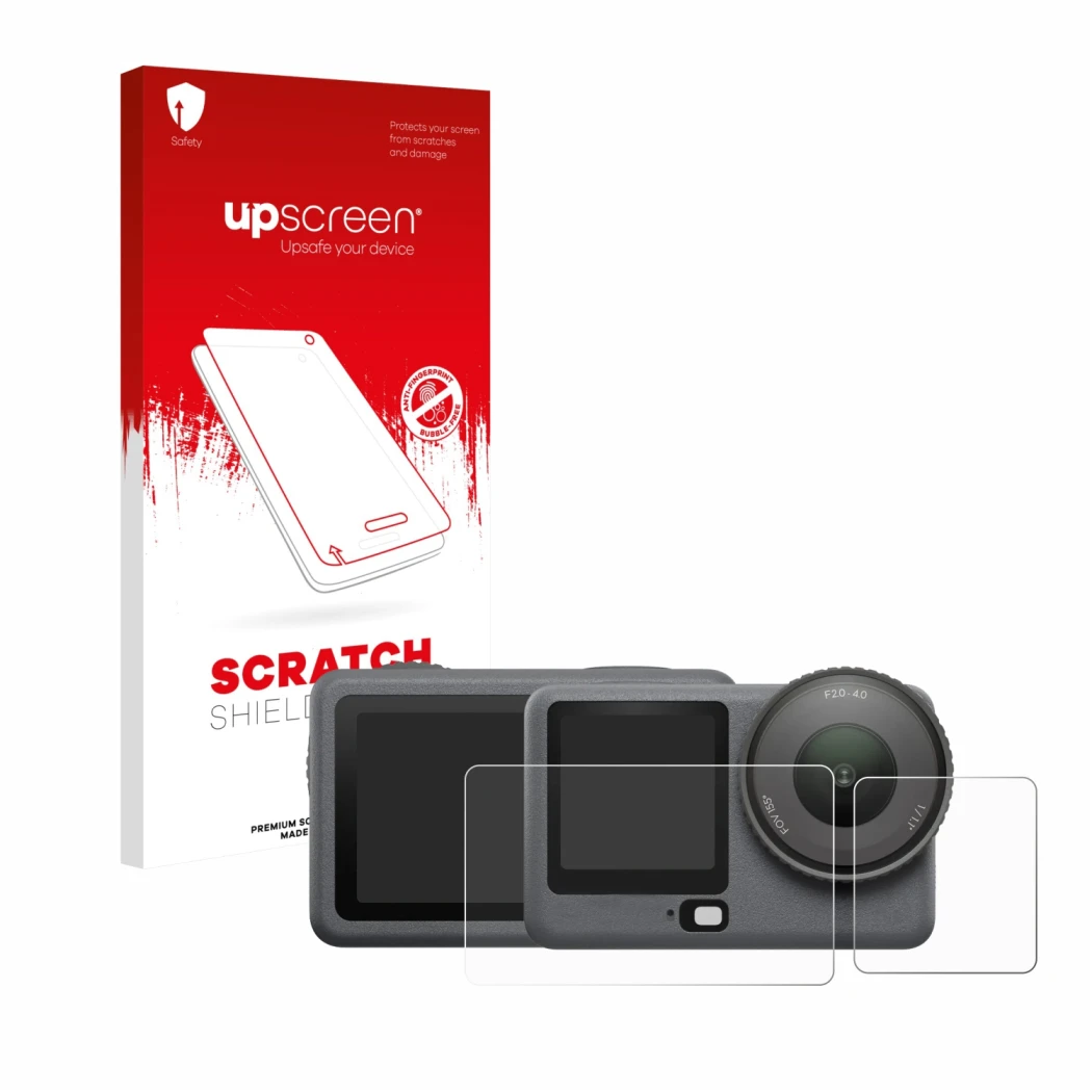 Vorderseite einer Produktverpackung mit dem Markenlogo upscreen. Daneben ist das Gerät DJI Osmo Action 6 mit dem zugehörigen D