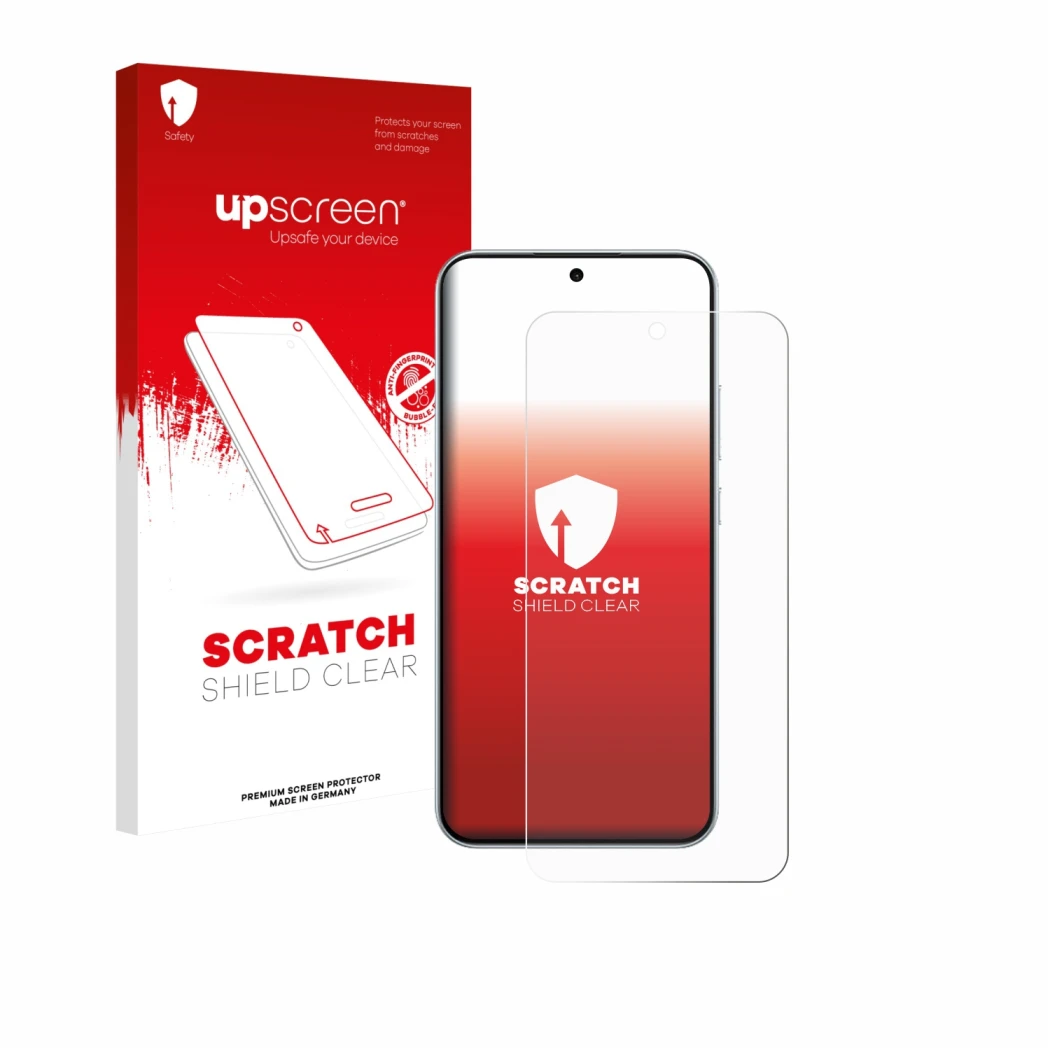 Vorderseite einer Produktverpackung mit dem Markenlogo upscreen. Daneben ist das Gerät Oppo A6 Pro mit dem zugehörigen Display