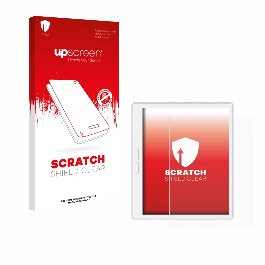 Vorderseite einer Produktverpackung mit dem Markenlogo upscreen. Daneben ist das Gerät Bigme B751C-S mit dem zugehörigen Displ