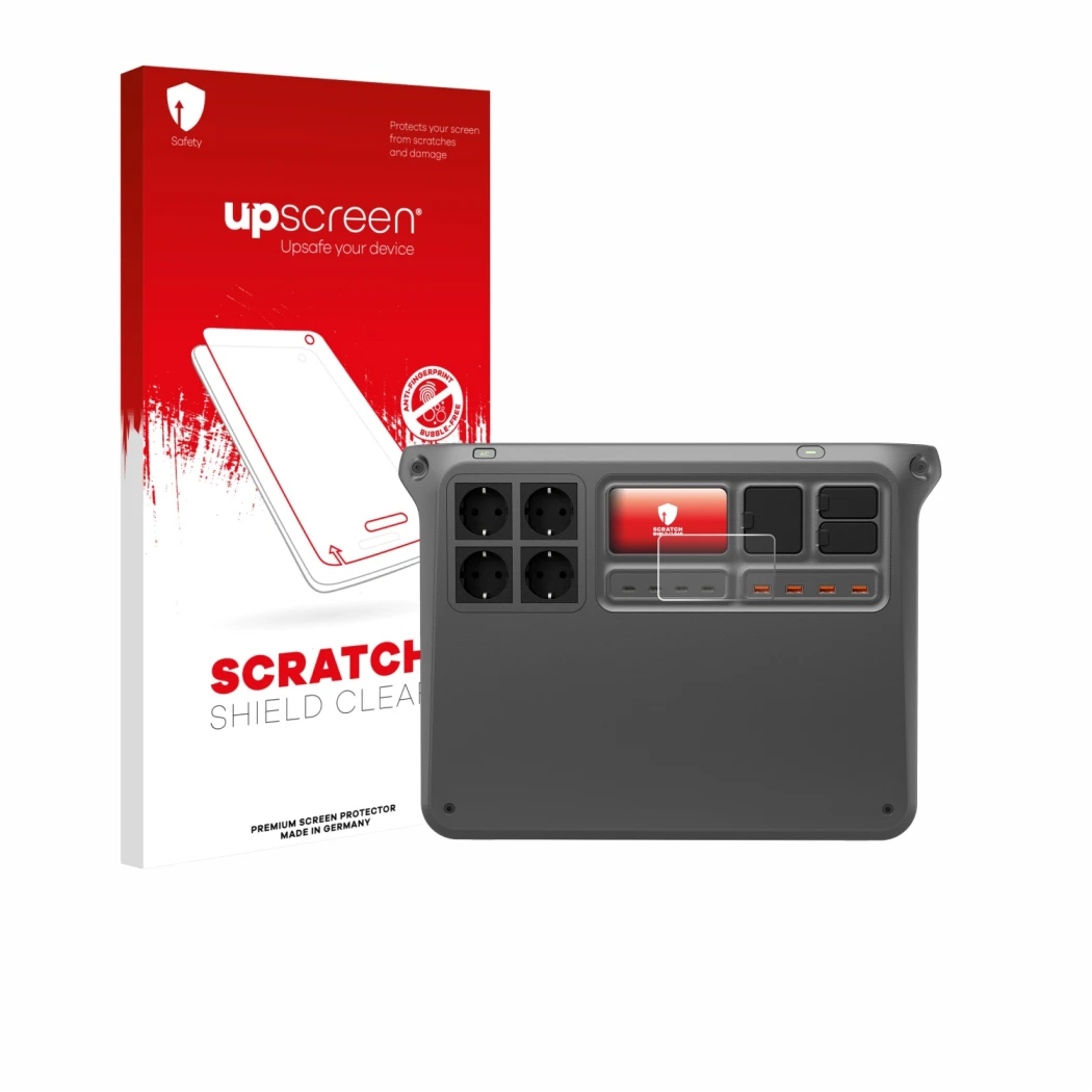 Vorderseite einer Produktverpackung mit dem Markenlogo upscreen. Daneben ist das Gerät DJI Power 2000 mit dem zugehörigen Disp