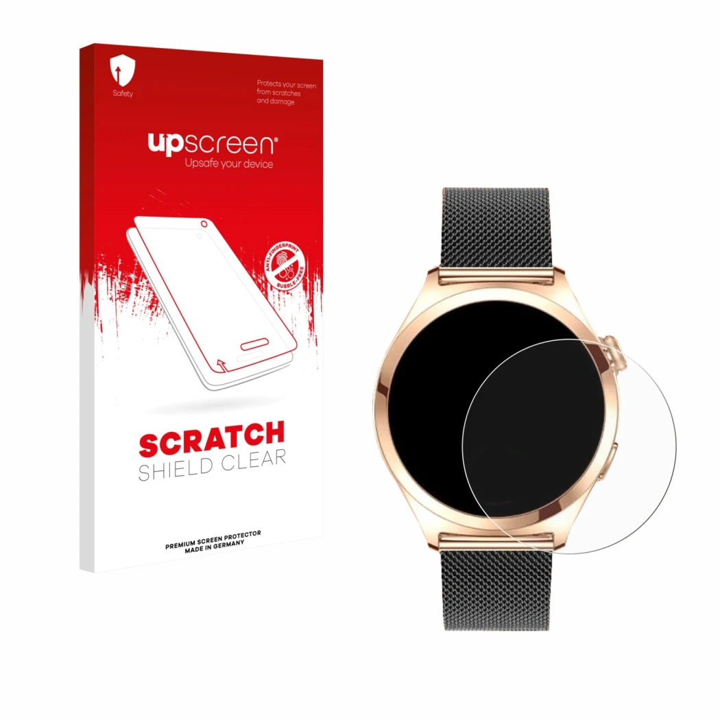 Vorderseite einer Produktverpackung mit dem Markenlogo upscreen. Daneben ist das Gerät Niolina Smartwatch 1.27