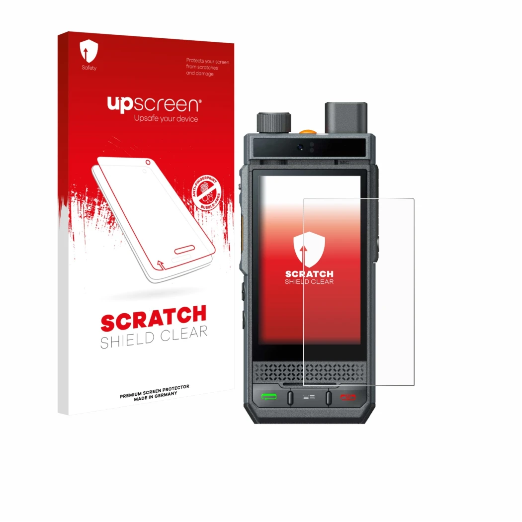 Vorderseite einer Produktverpackung mit dem Markenlogo upscreen. Daneben ist das Gerät Hytera P60 mit dem zugehörigen Displays