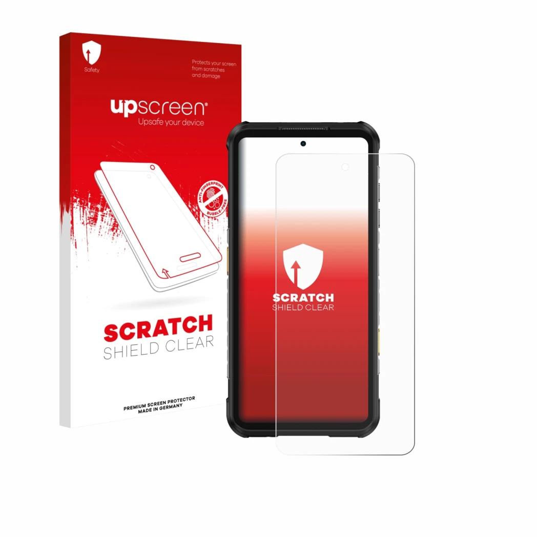 Vorderseite einer Produktverpackung mit dem Markenlogo upscreen. Daneben ist das Gerät Ulefone RugOne Xever 7 Pro mit dem zuge