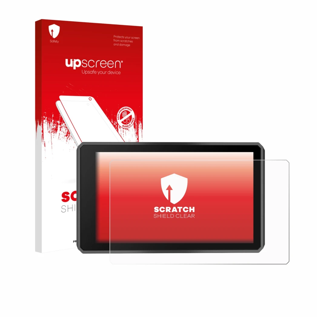 Vorderseite einer Produktverpackung mit dem Markenlogo upscreen. Daneben ist das Gerät Garmin zumo XT3 4.7