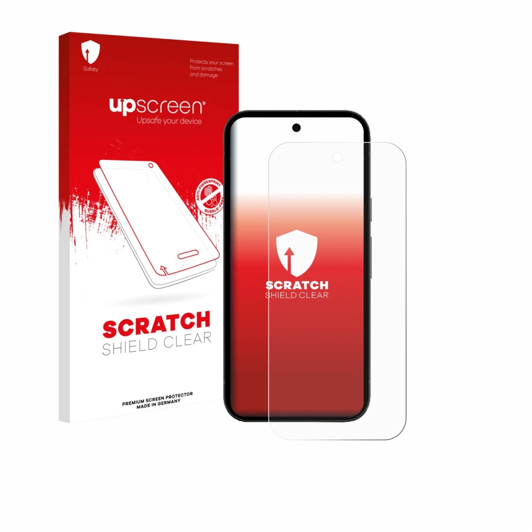 Vorderseite einer Produktverpackung mit dem Markenlogo upscreen. Daneben ist das Gerät Google Pixel 10a mit dem zugehörigen Di