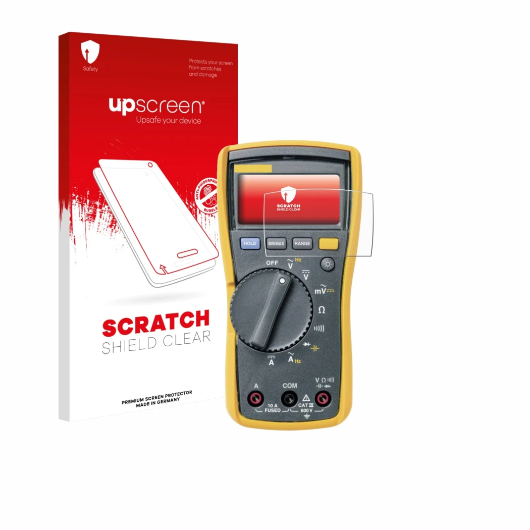 Vorderseite einer Produktverpackung mit dem Markenlogo upscreen. Daneben ist das Gerät Fluke MultiMeter 113 mit dem zugehörige