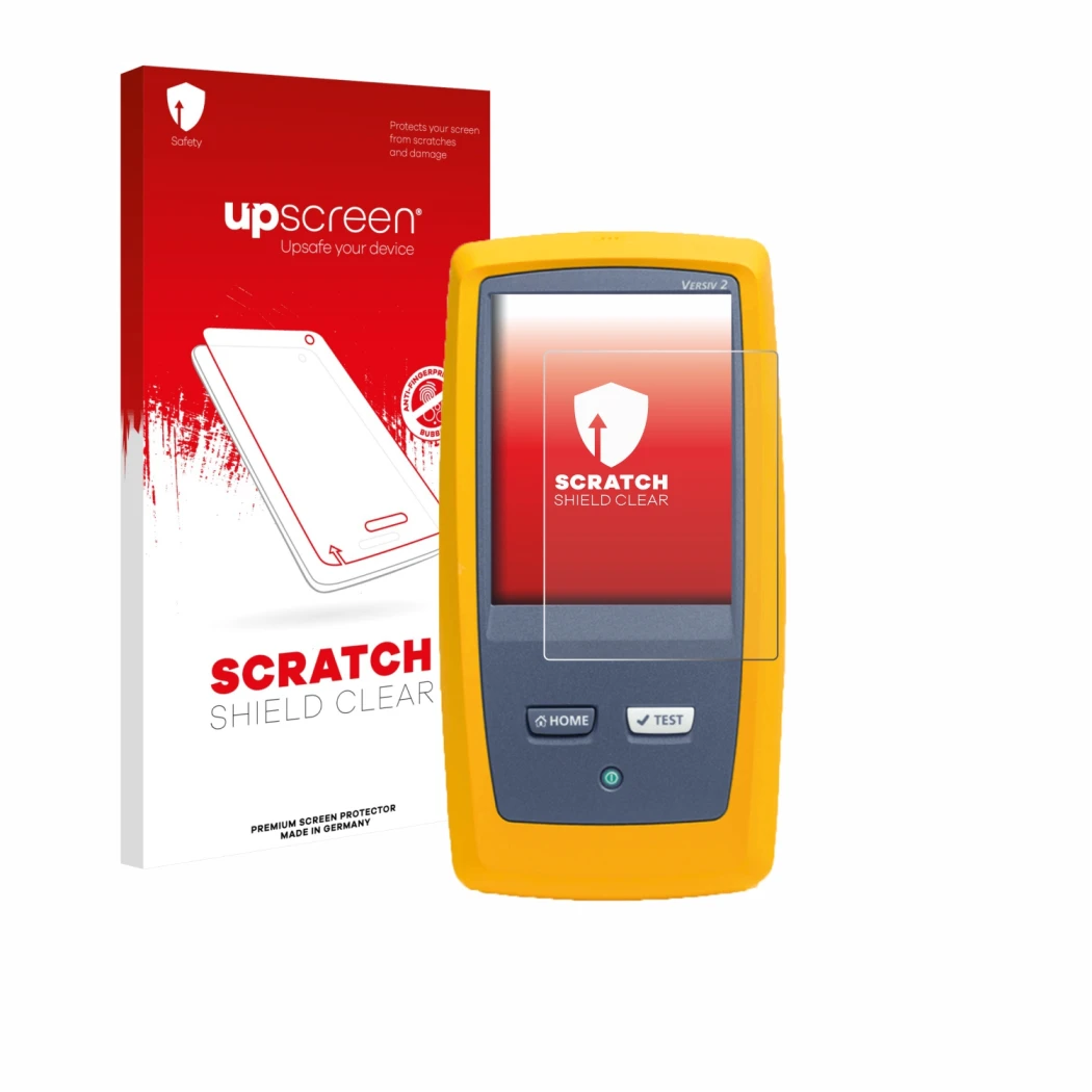 Vorderseite einer Produktverpackung mit dem Markenlogo upscreen. Daneben ist das Gerät Fluke DSX8000 mit dem zugehörigen Displ