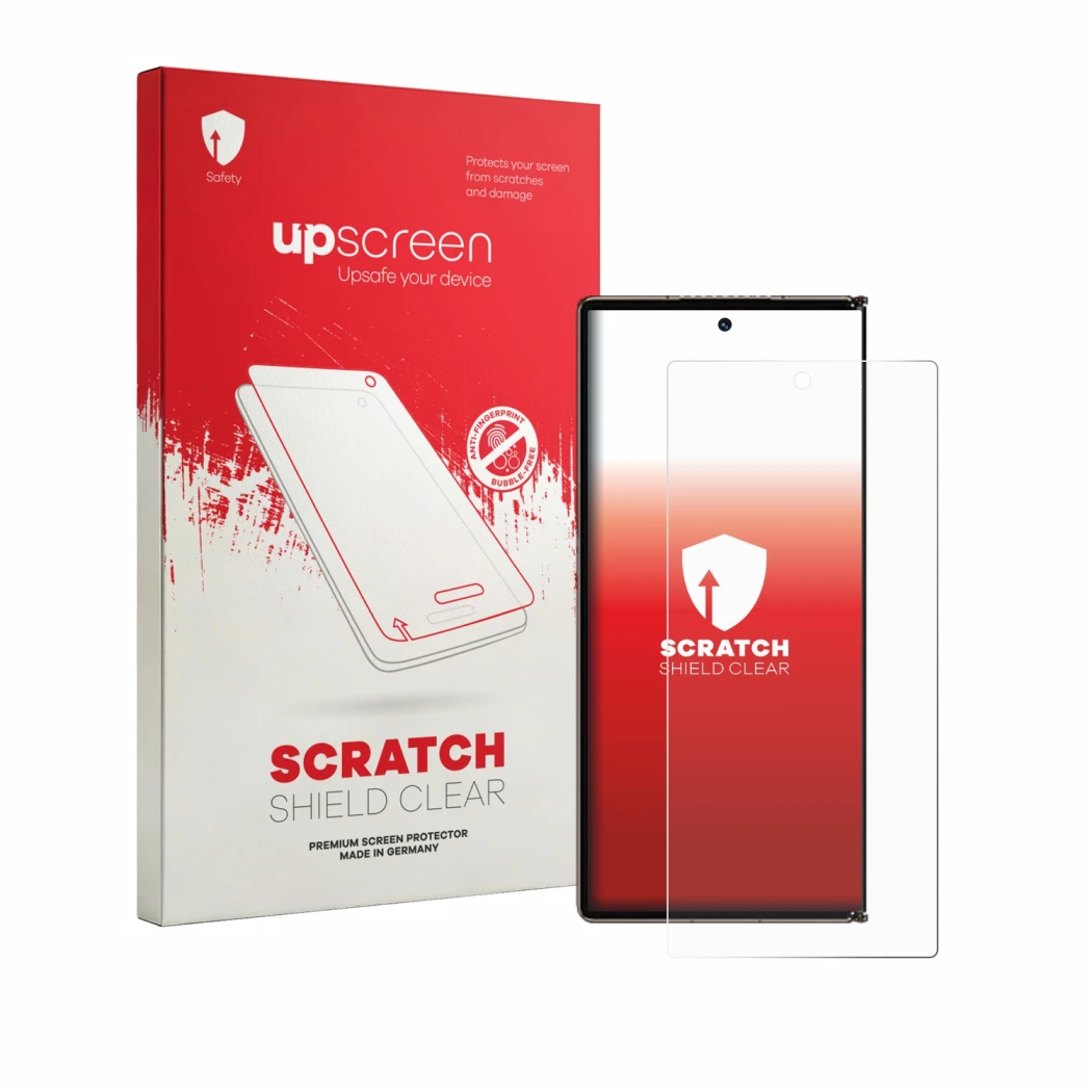 Vorderseite einer Produktverpackung mit dem Markenlogo upscreen. Daneben ist das Gerät Huawei Mate XT Ultimate mit dem zugehör