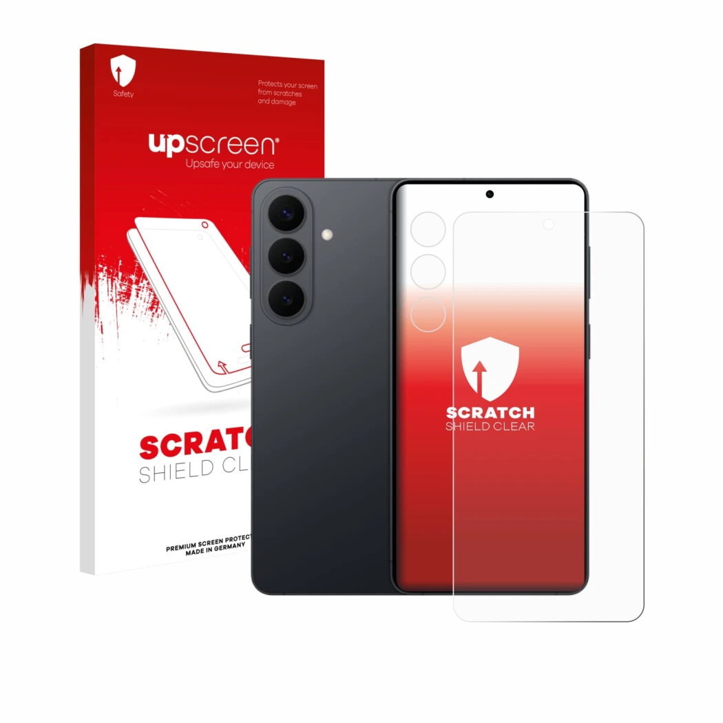 Vorderseite einer Produktverpackung mit dem Markenlogo upscreen. Daneben ist das Gerät Samsung Galaxy S26 Plus (Display+Kamera
