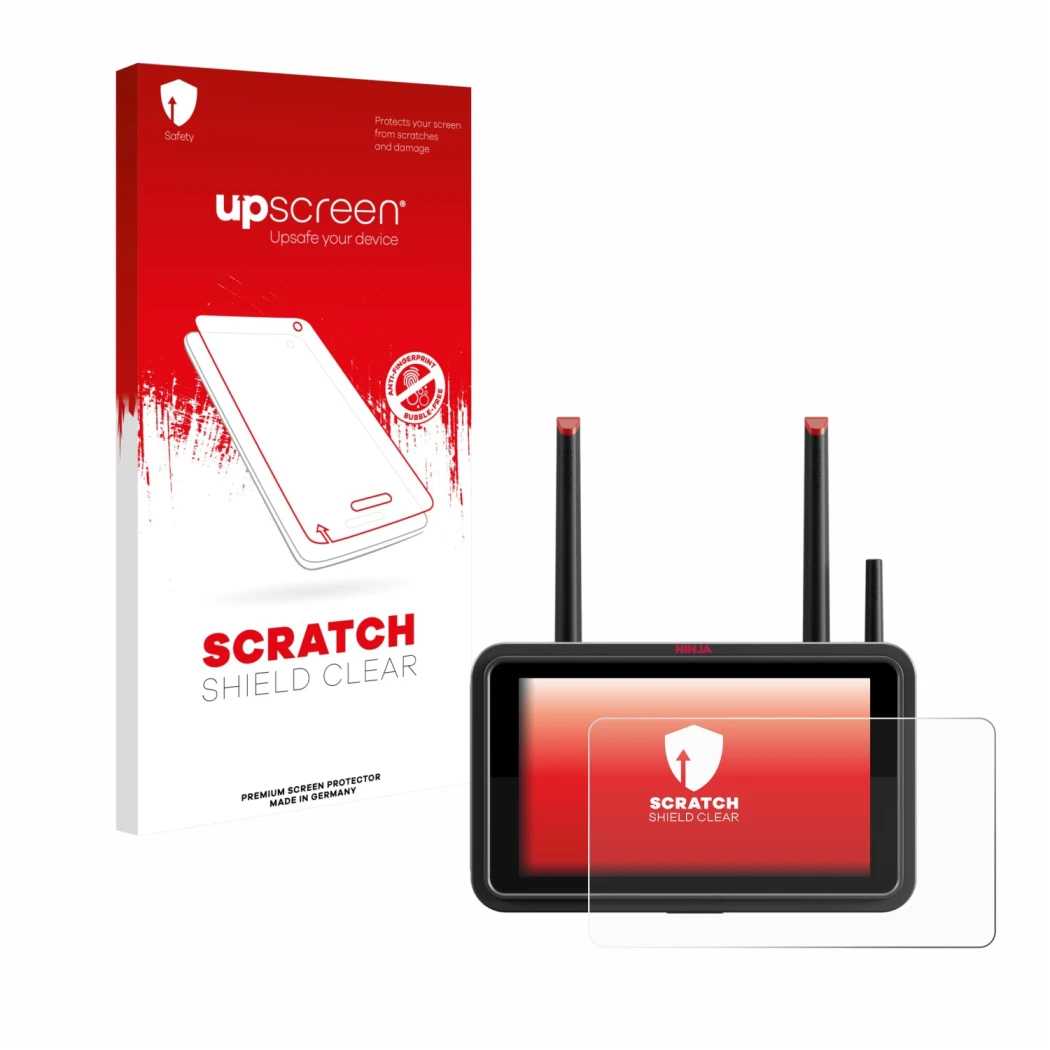 Vorderseite einer Produktverpackung mit dem Markenlogo upscreen. Daneben ist das Gerät Atomos Ninja TX mit dem zugehörigen Dis