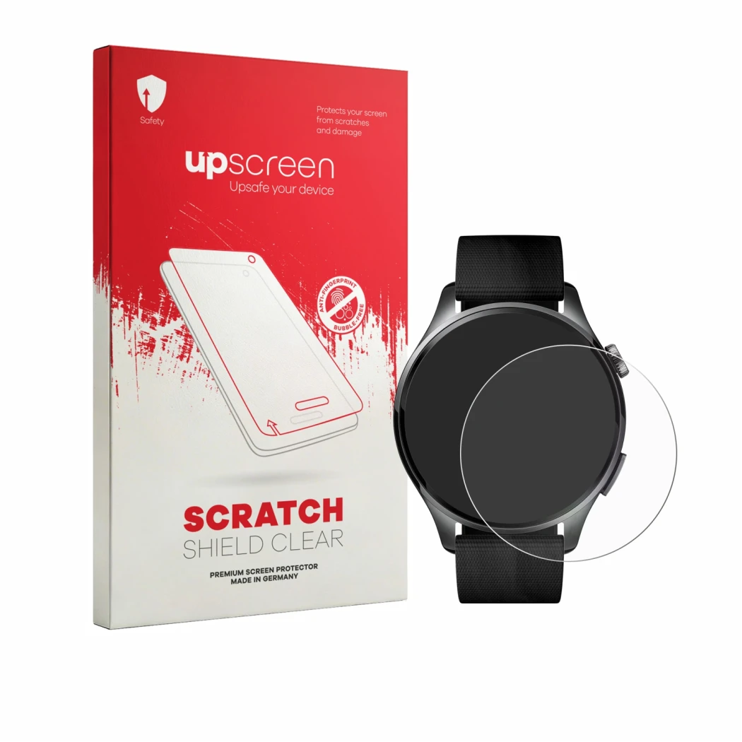 Vorderseite einer Produktverpackung mit dem Markenlogo upscreen. Daneben ist das Gerät Xiaomi Watch 5 (47 mm) mit dem zugehöri