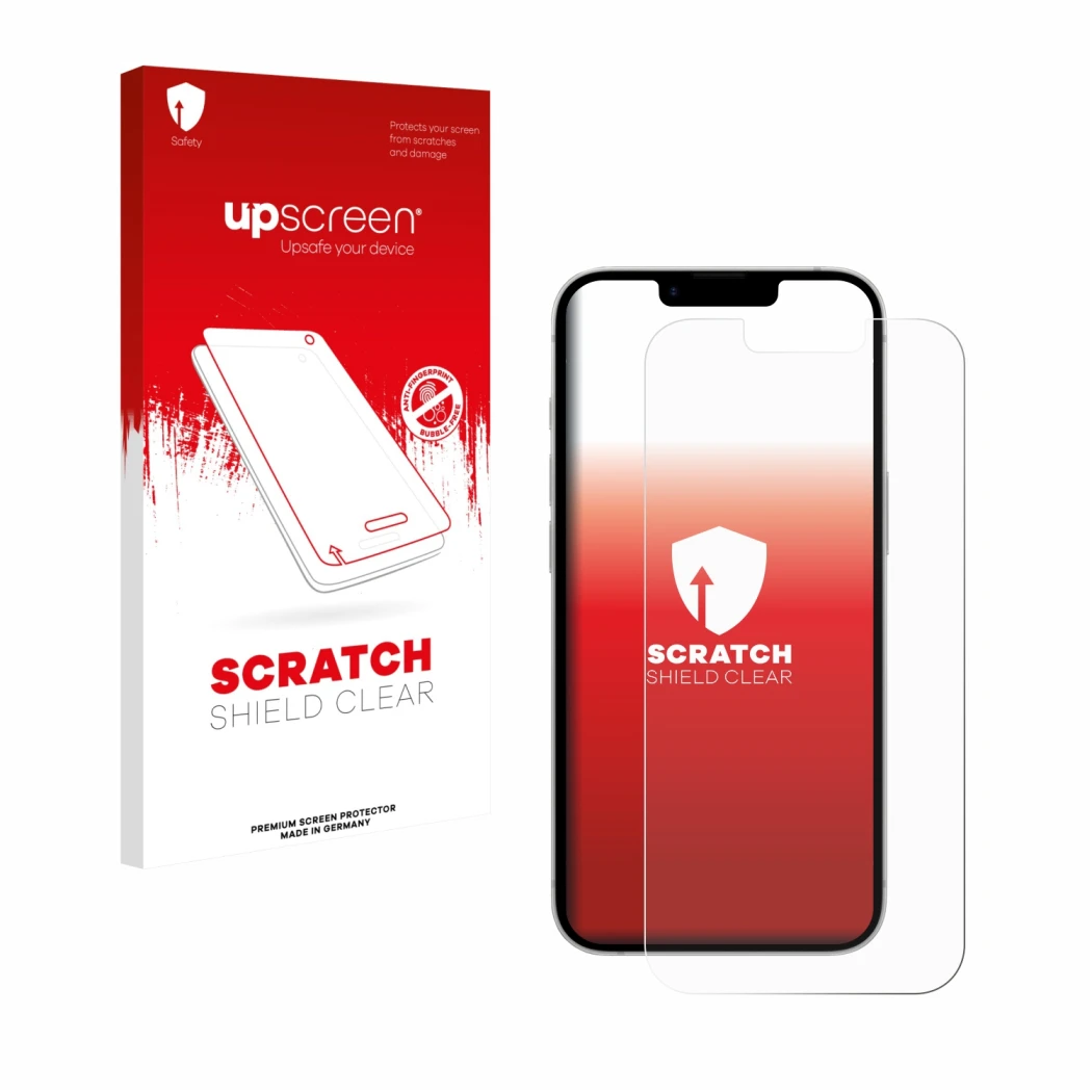 Vorderseite einer Produktverpackung mit dem Markenlogo upscreen. Daneben ist das Gerät Apple iPhone 17e mit dem zugehörigen Di