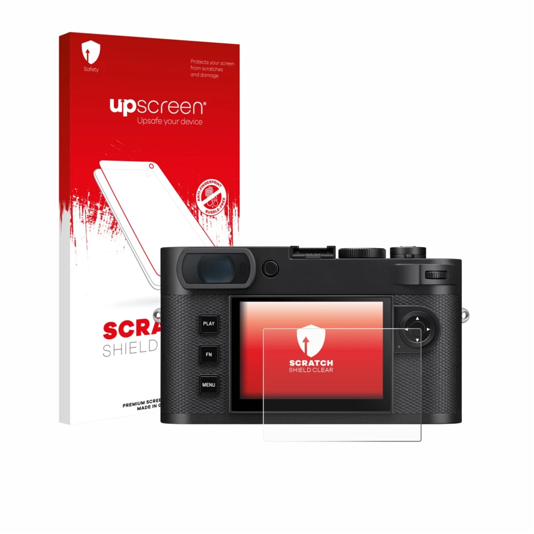 Vorderseite einer Produktverpackung mit dem Markenlogo upscreen. Daneben ist das Gerät Leica M EV1 mit dem zugehörigen Display