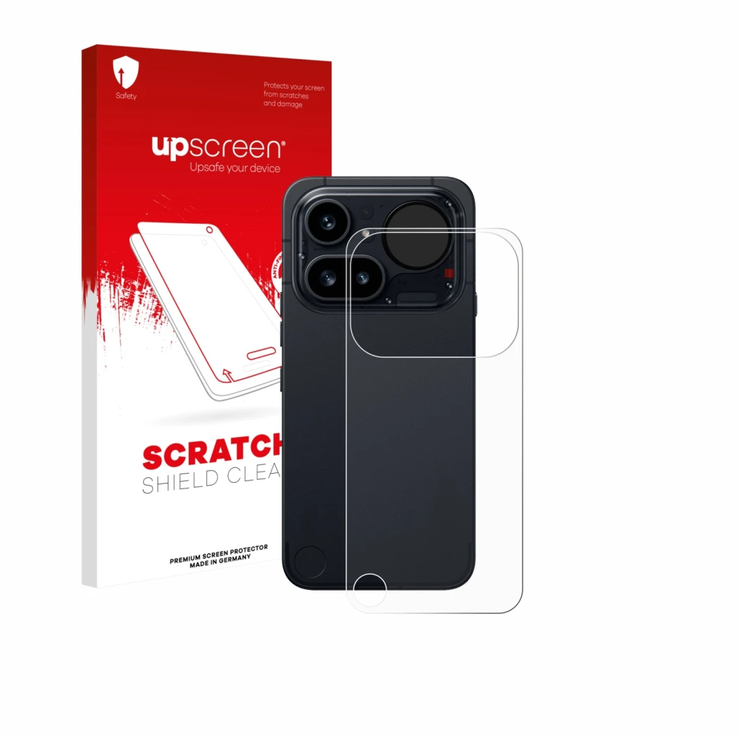 Vorderseite einer Produktverpackung mit dem Markenlogo upscreen. Daneben ist das Gerät Nothing Phone (4a) Pro (Rückseite) mit