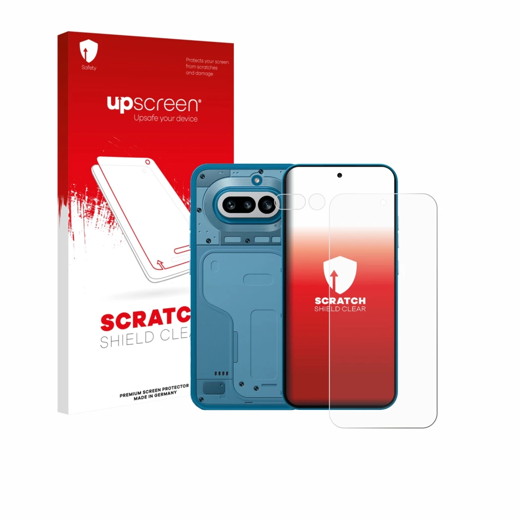 Vorderseite einer Produktverpackung mit dem Markenlogo upscreen. Daneben ist das Gerät Nothing Phone (4a) (Display+Kamera) mit