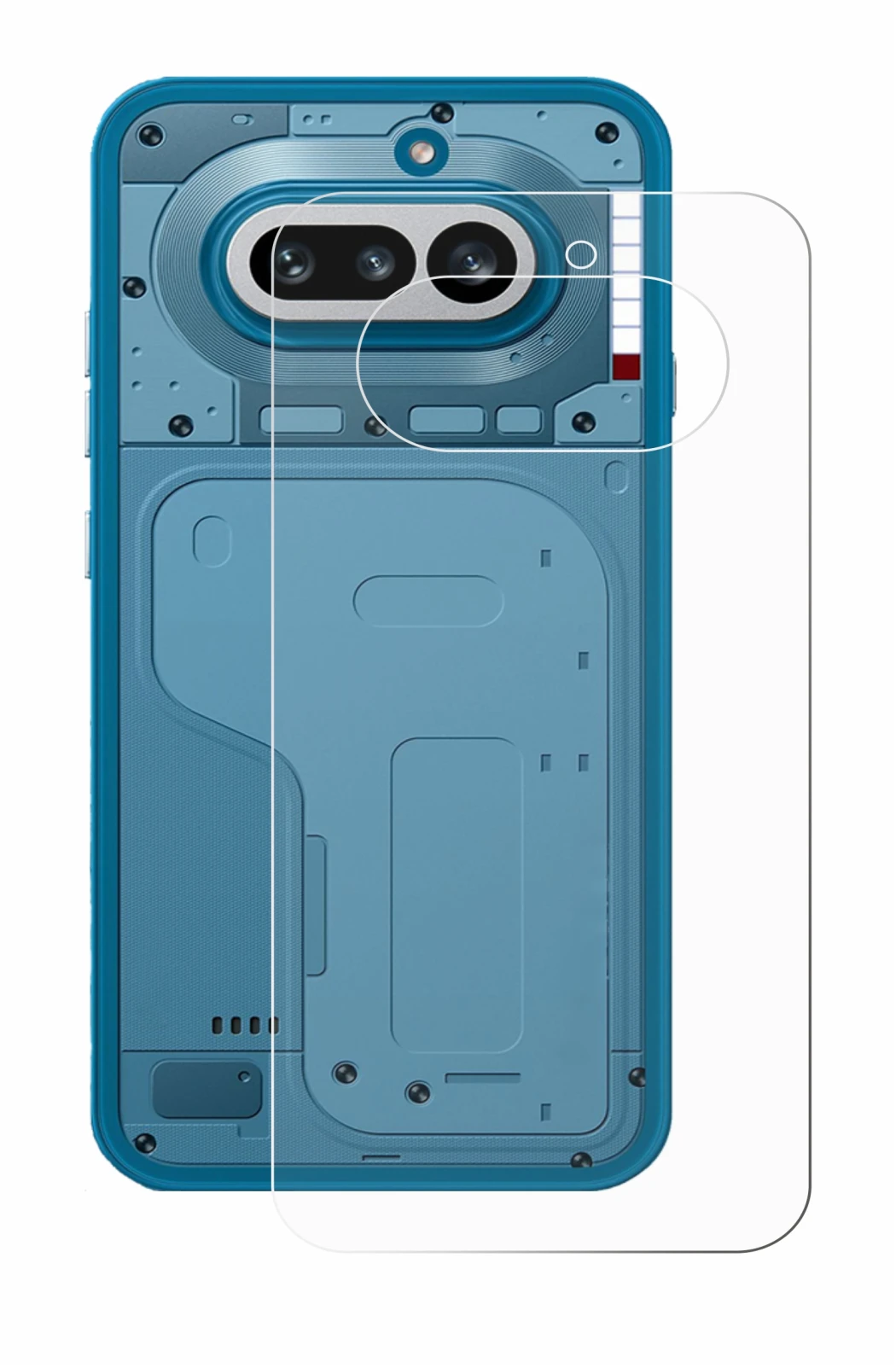 Abbildung des Geräts Nothing Phone (4a) (Rückseite) mit einer Vielzahl des Displayschutzes.