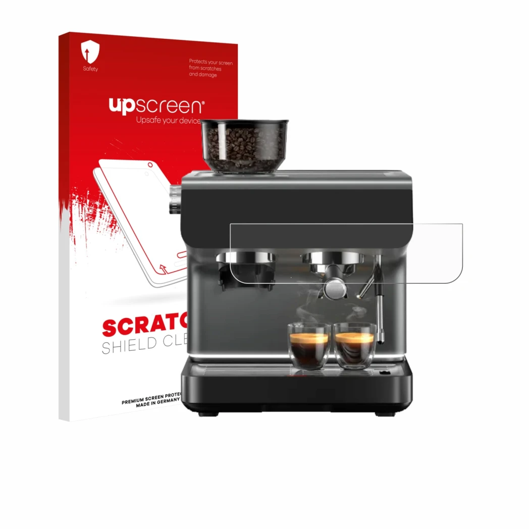 Vorderseite einer Produktverpackung mit dem Markenlogo upscreen. Daneben ist das Gerät WMF Espresso Pro mit dem zugehörigen Di