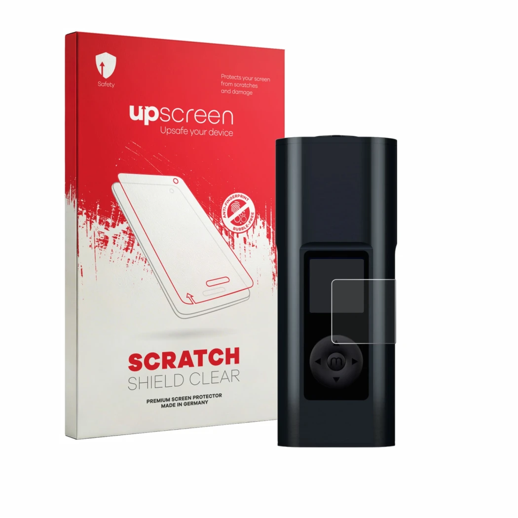 Vorderseite einer Produktverpackung mit dem Markenlogo upscreen. Daneben ist das Gerät Arizer Solo 3 V2 mit dem zugehörigen Di