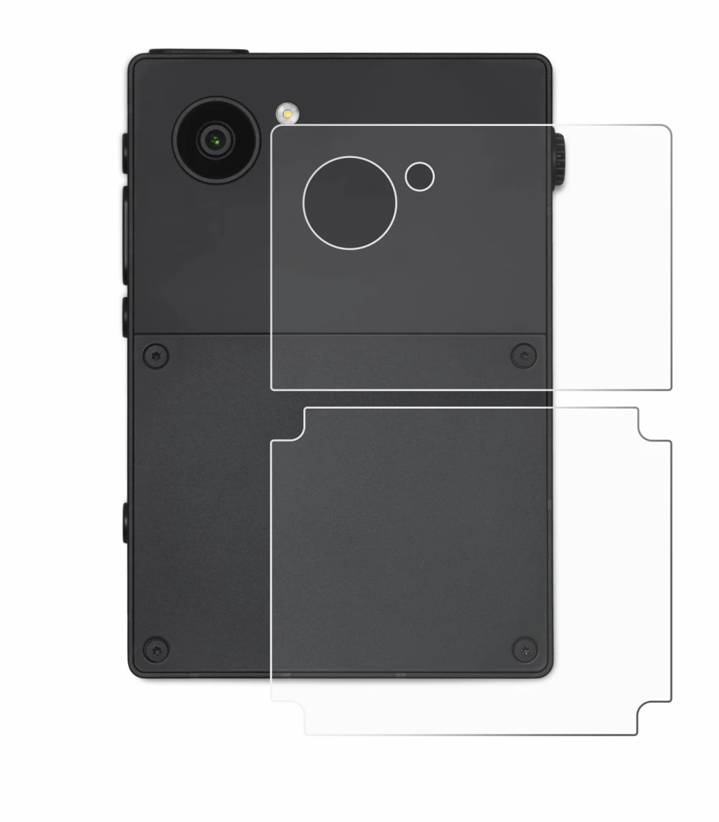 Abbildung des Geräts Light Phone 3 (Rückseite) mit einer Vielzahl des Displayschutzes.