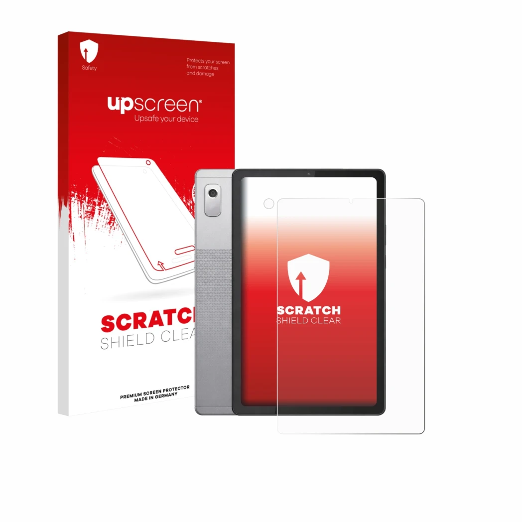 Vorderseite einer Produktverpackung mit dem Markenlogo upscreen. Daneben ist das Gerät Lenovo Tab M9 (Display+Kamera) mit dem