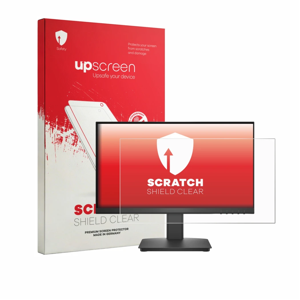 Vorderseite einer Produktverpackung mit dem Markenlogo upscreen. Daneben ist das Gerät Dell 22 SE2225HM mit dem zugehörigen Di