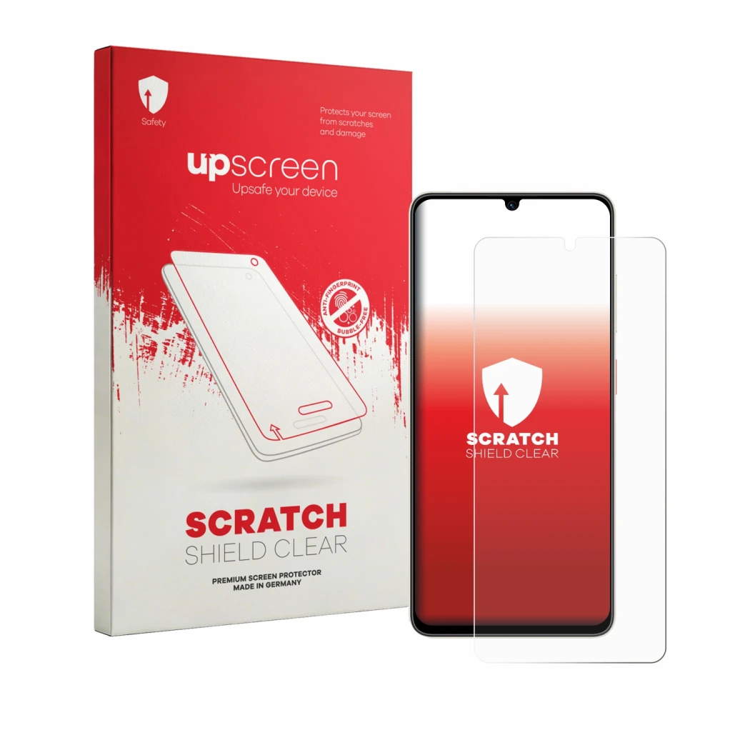 Vorderseite einer Produktverpackung mit dem Markenlogo upscreen. Daneben ist das Gerät ZTE Blade A56 mit dem zugehörigen Displ
