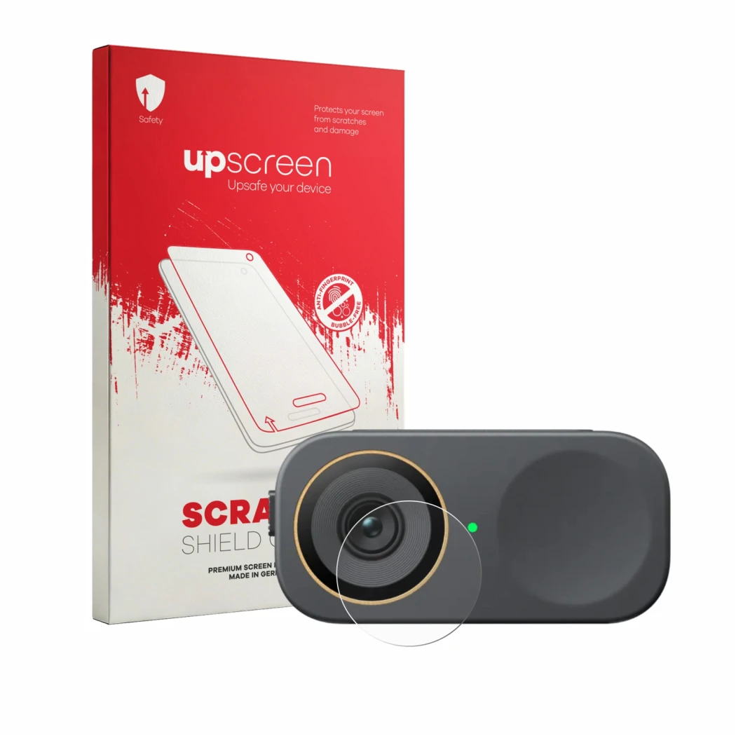 Vorderseite einer Produktverpackung mit dem Markenlogo upscreen. Daneben ist das Gerät Insta360 Link 2C Pro (Linse) mit dem zu