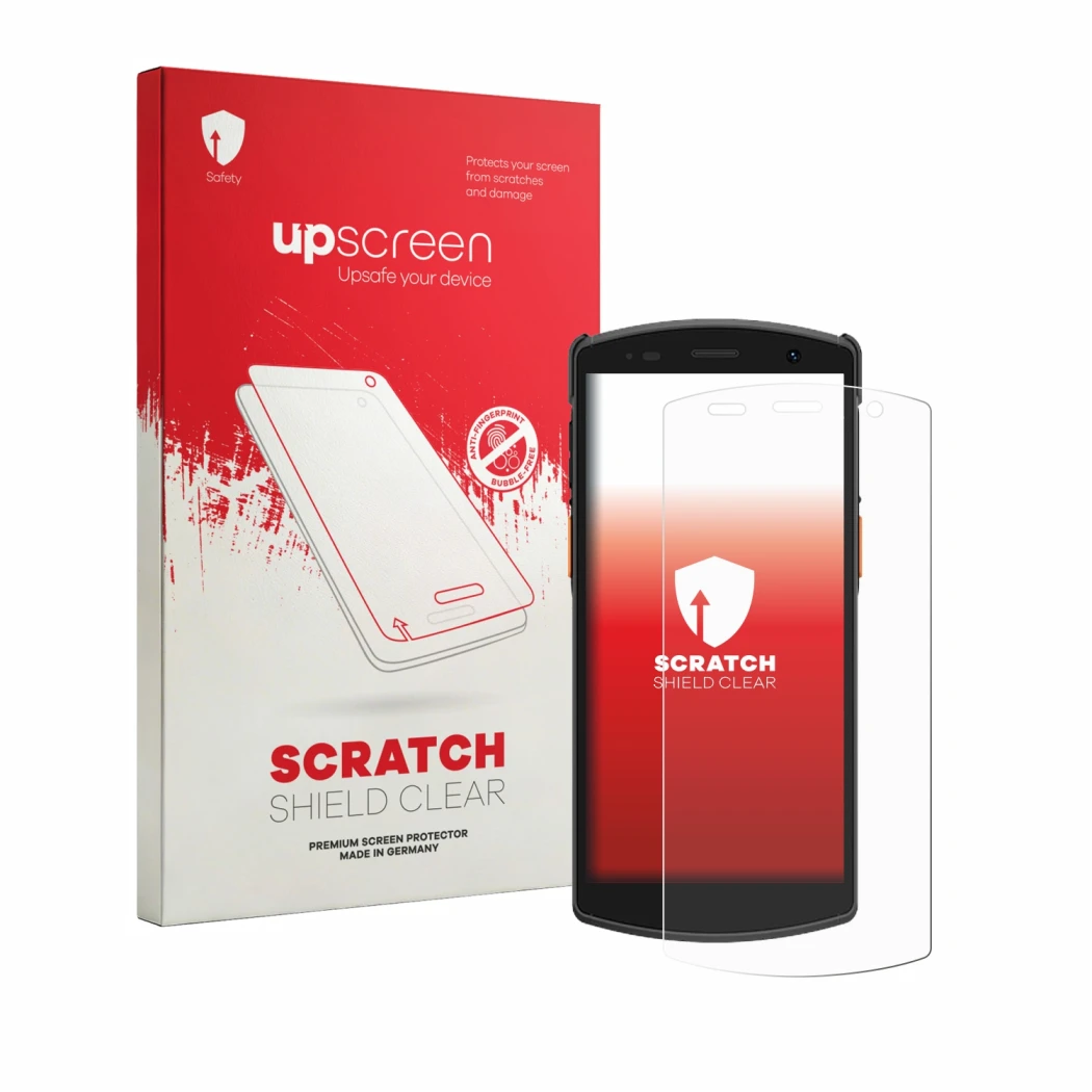 Vorderseite einer Produktverpackung mit dem Markenlogo upscreen. Daneben ist das Gerät Urovo CT58S mit dem zugehörigen Display