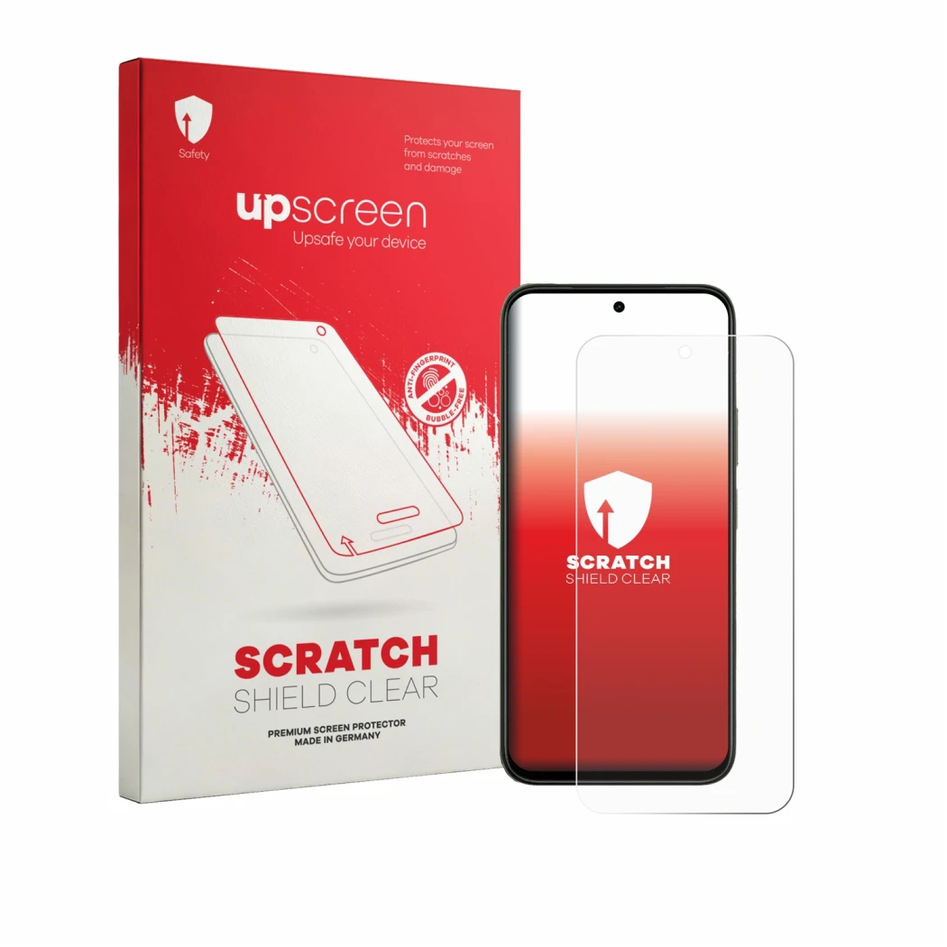 Vorderseite einer Produktverpackung mit dem Markenlogo upscreen. Daneben ist das Gerät Vivo T5x mit dem zugehörigen Displaysch
