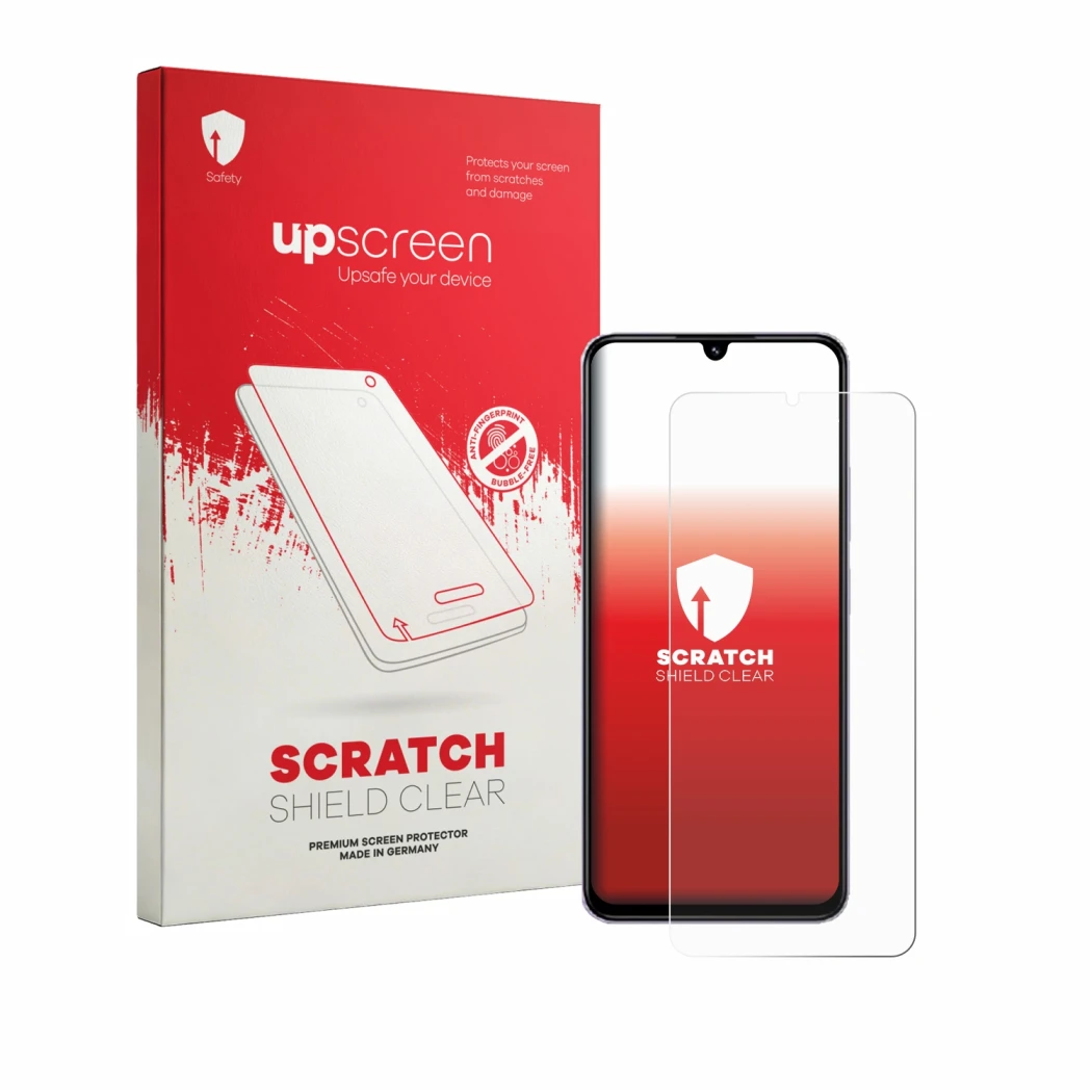 Vorderseite einer Produktverpackung mit dem Markenlogo upscreen. Daneben ist das Gerät Xiaomi Redmi A4 mit dem zugehörigen Dis