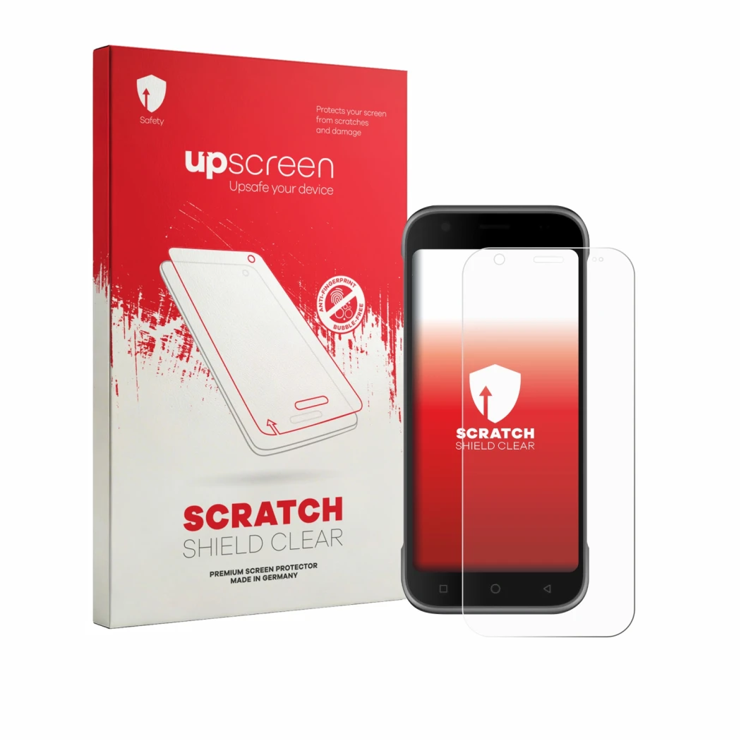 Vorderseite einer Produktverpackung mit dem Markenlogo upscreen. Daneben ist das Gerät Bluebird S10 mit dem zugehörigen Displa
