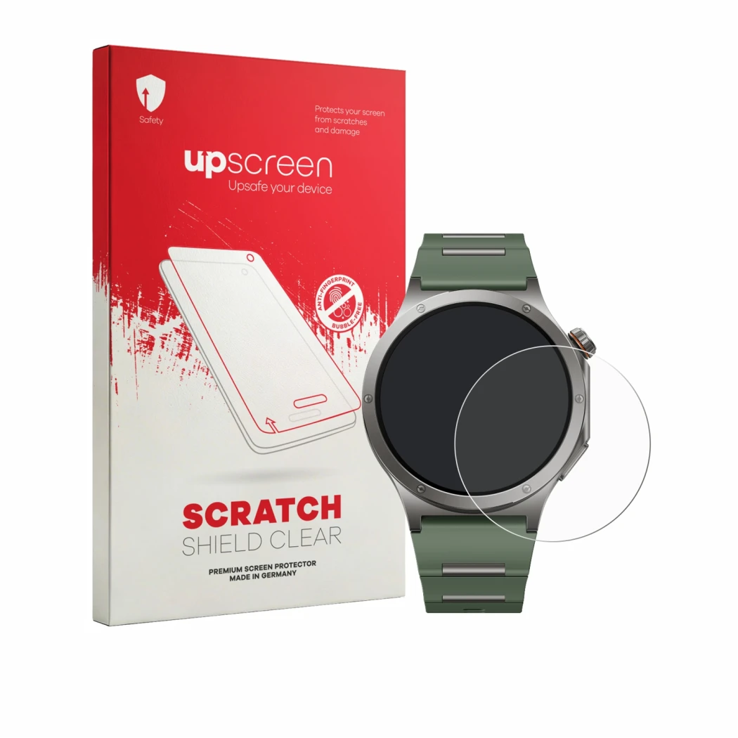 Vorderseite einer Produktverpackung mit dem Markenlogo upscreen. Daneben ist das Gerät OnePlus Watch 4 mit dem zugehörigen Dis