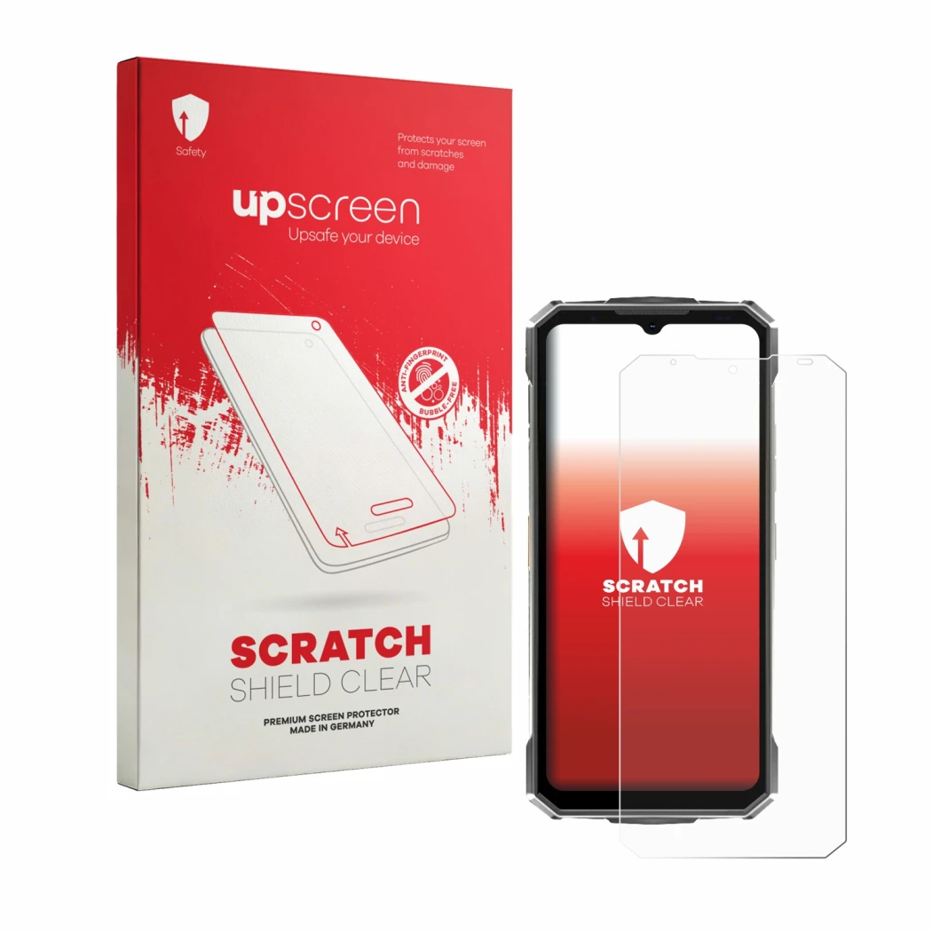 Vorderseite einer Produktverpackung mit dem Markenlogo upscreen. Daneben ist das Gerät Doogee Fire 7 Ultra mit dem zugehörigen