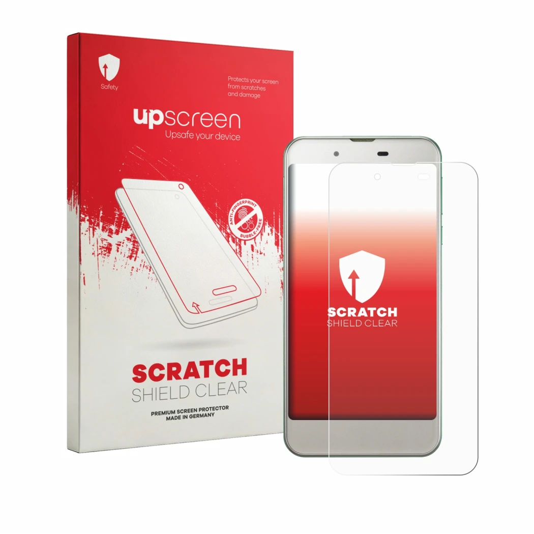 Vorderseite einer Produktverpackung mit dem Markenlogo upscreen. Daneben ist das Gerät Sharp Aquos SHV37 mit dem zugehörigen D