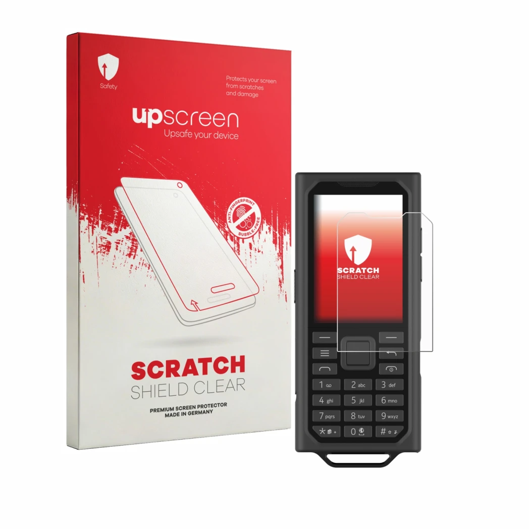 Vorderseite einer Produktverpackung mit dem Markenlogo upscreen. Daneben ist das Gerät HMD Terra M mit dem zugehörigen Display