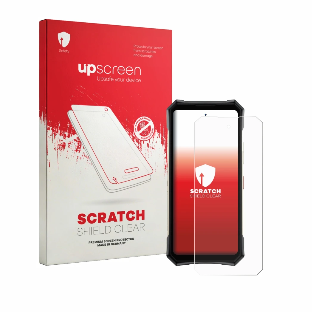 Vorderseite einer Produktverpackung mit dem Markenlogo upscreen. Daneben ist das Gerät Doogee S300 Pro mit dem zugehörigen Dis