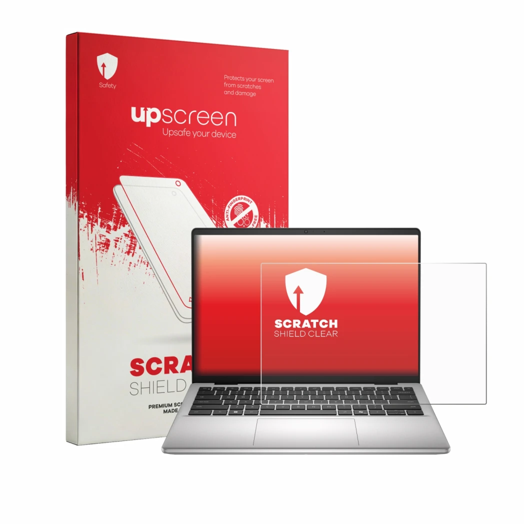 Vorderseite einer Produktverpackung mit dem Markenlogo upscreen. Daneben ist das Gerät Dell Dell Pro 14 Essential mit dem zuge