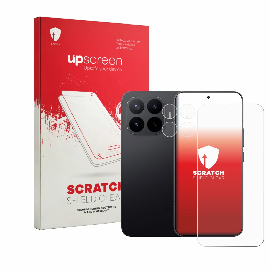Vorderseite einer Produktverpackung mit dem Markenlogo upscreen. Daneben ist das Gerät Xiaomi 17T Pro (Display+Kamera) mit dem