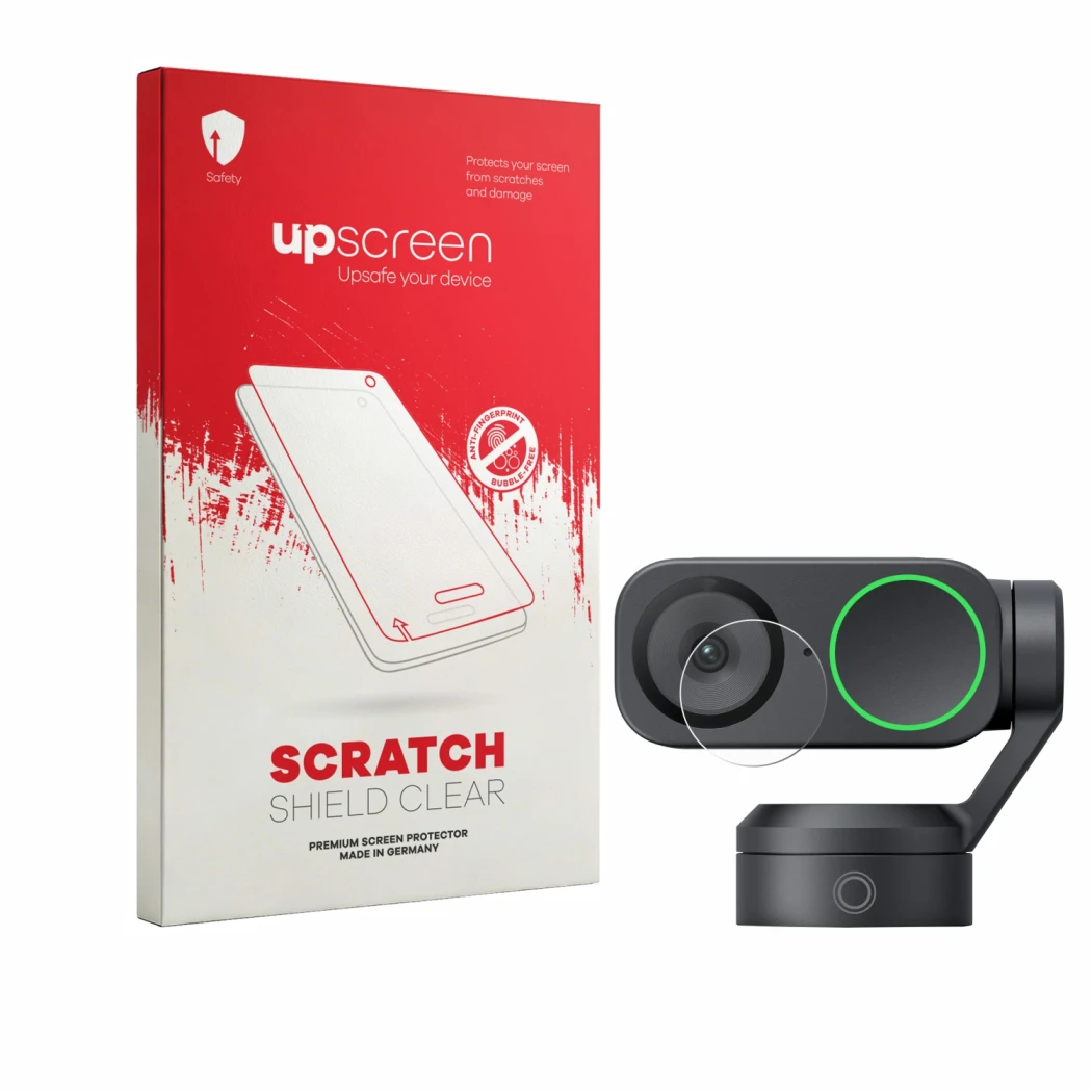 Vorderseite einer Produktverpackung mit dem Markenlogo upscreen. Daneben ist das Gerät Insta360 Link 2 (Linse) mit dem zugehör