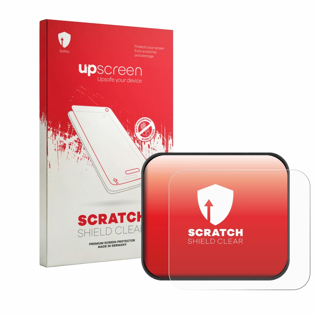 Vorderseite einer Produktverpackung mit dem Markenlogo upscreen. Daneben ist das Gerät Saphe T mit dem zugehörigen Displayschu