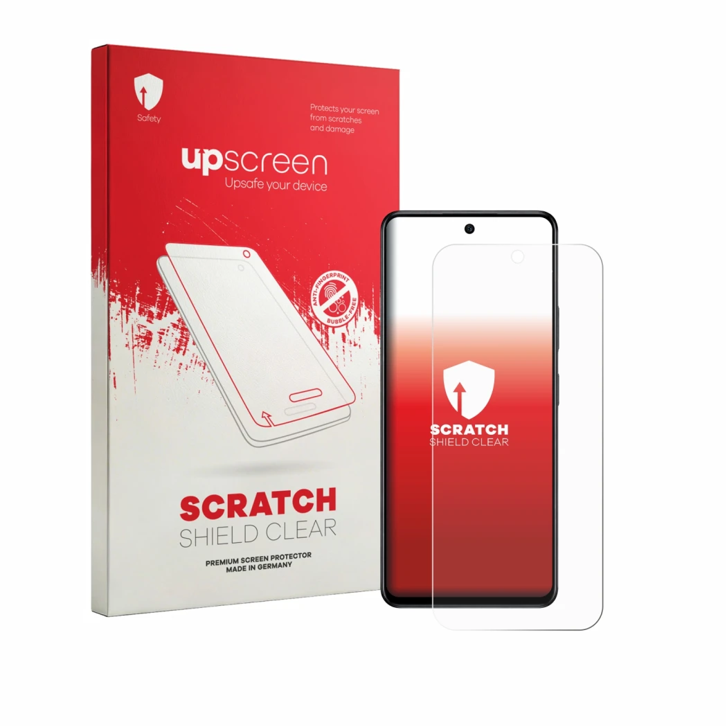 Vorderseite einer Produktverpackung mit dem Markenlogo upscreen. Daneben ist das Gerät Infinix Hot 70 mit dem zugehörigen Disp