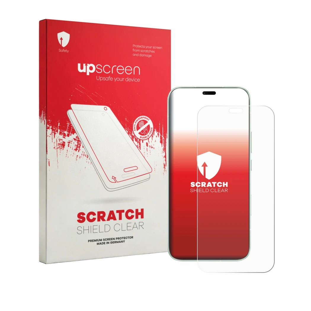 Vorderseite einer Produktverpackung mit dem Markenlogo upscreen. Daneben ist das Gerät Honor 600e mit dem zugehörigen Displays